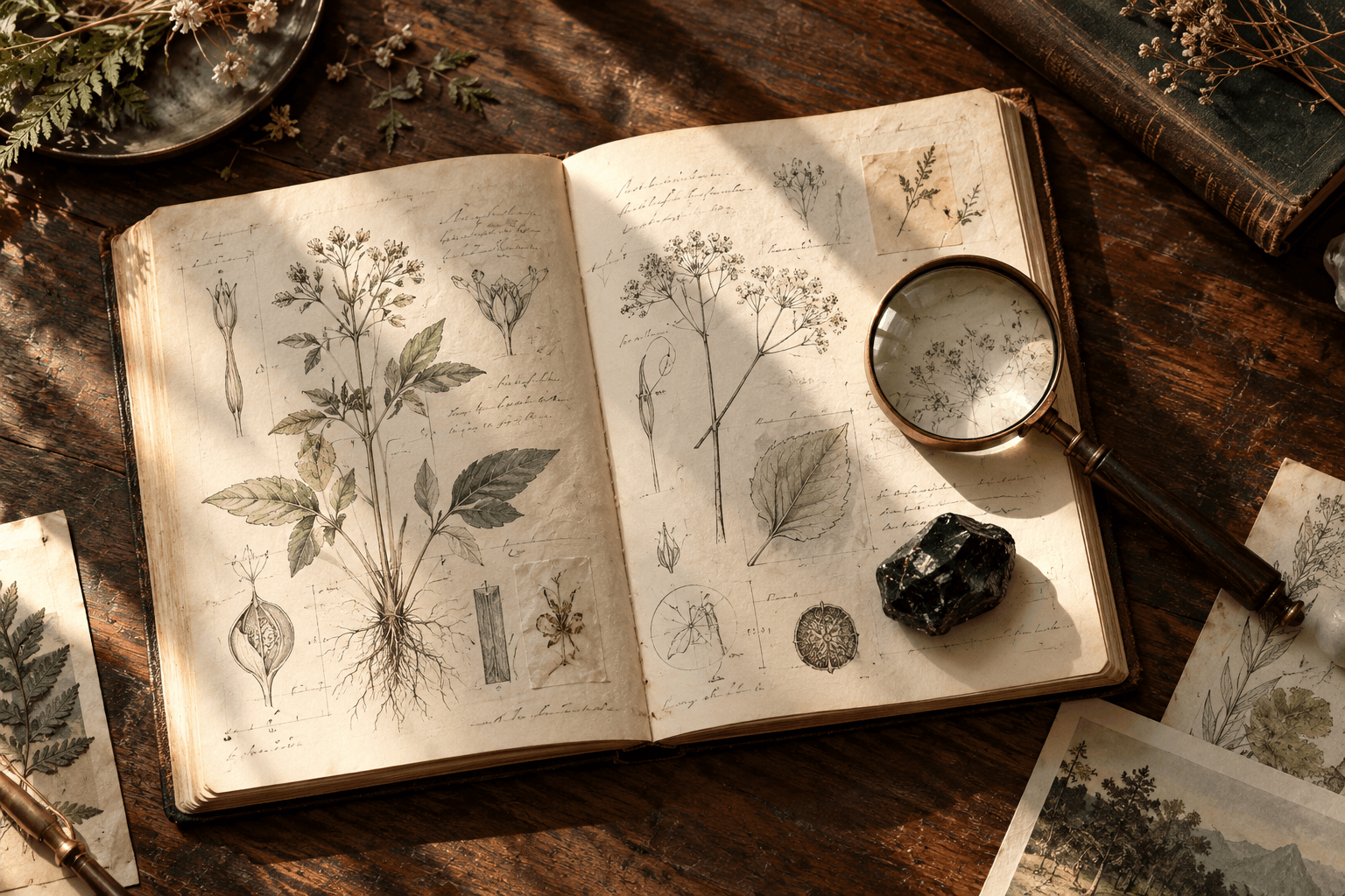 Illustrative botanical notebook with a magnifying glass