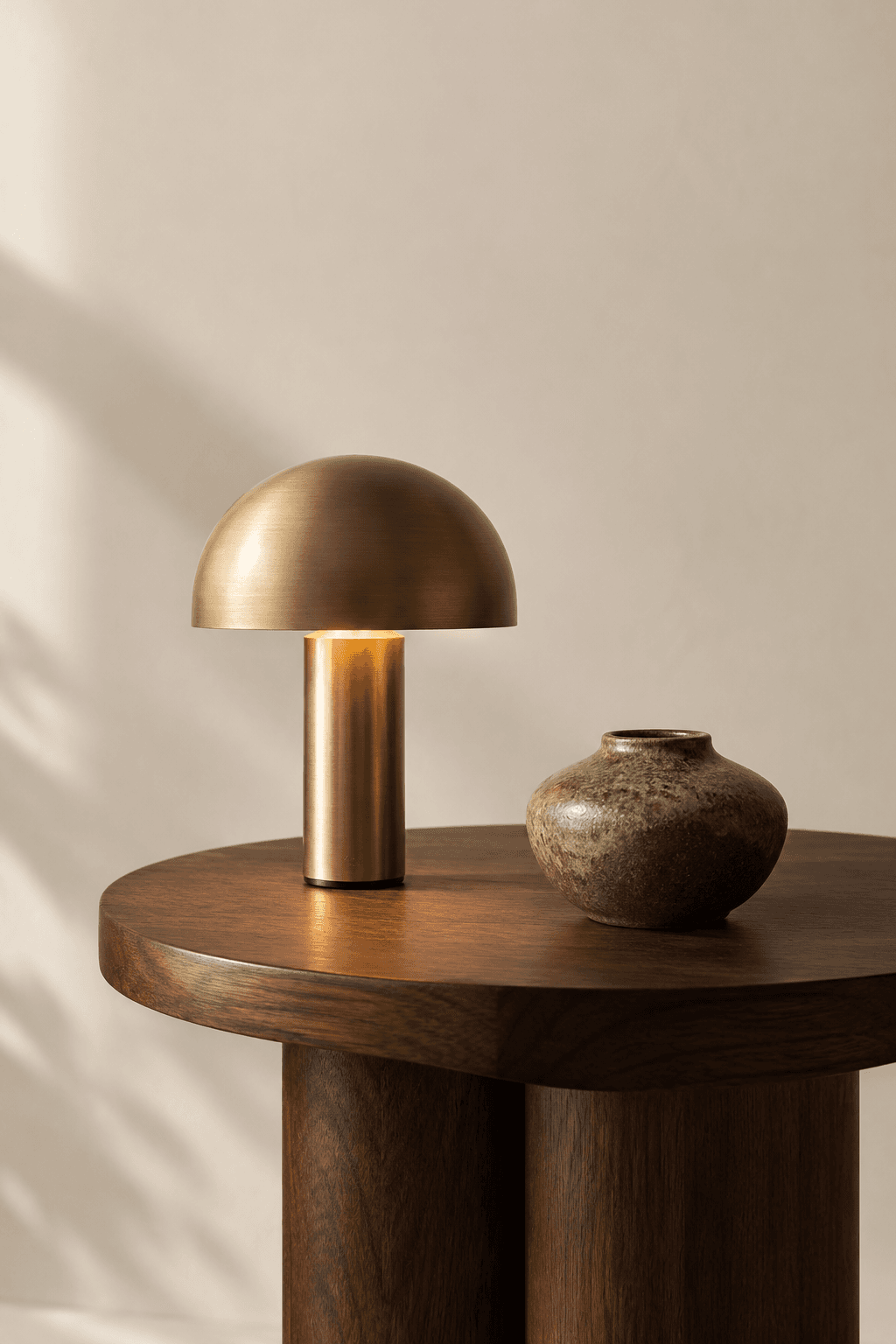 A brass table lamp and a textured ceramic vase