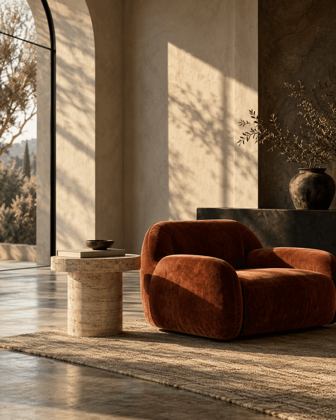 Rust velvet chair and travertine table in a sunlit room