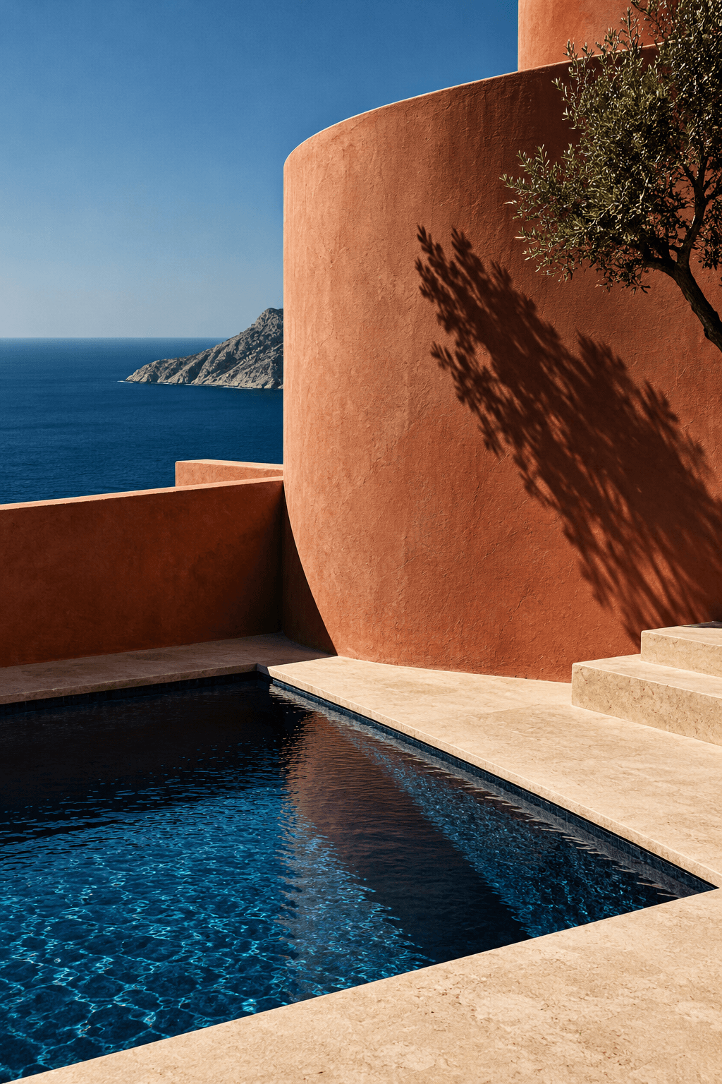 Curved terracotta walls and a pool beside the sea